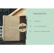 Garagentor aus unbehandeltem Vollholz mit Profilbeschlägen und Sicherheitsüberfalle