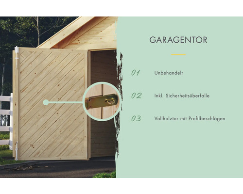 Garagentor aus unbehandeltem Vollholz mit Profilbeschlägen und Sicherheitsüberfalle
