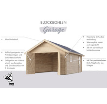 Blockbohlen Garage mit Massivholzdach, Vollholzgaragentor und Einflügeltür mit Lichtausschnitt