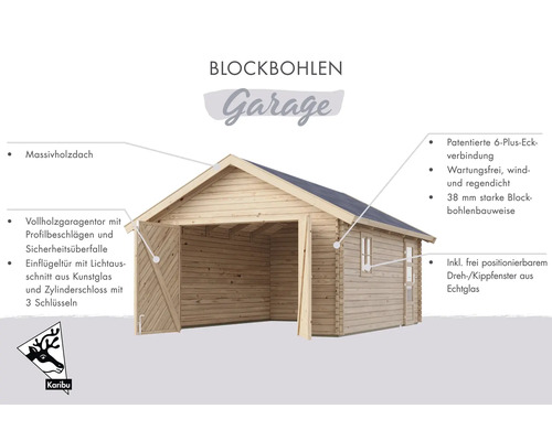 Blockbohlen Garage mit Massivholzdach, Vollholzgaragentor und Einflügeltür mit Lichtausschnitt