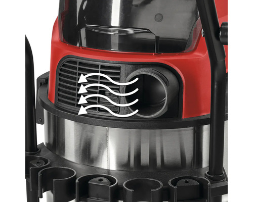 Vue détaillée d'un aspirateur eau et poussière avec sortie d'air et fonction de soufflerie