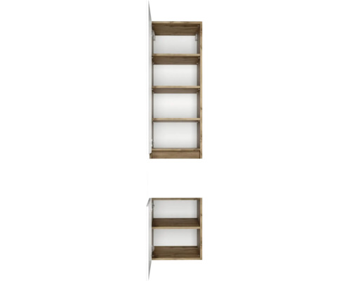 Offener Hochschrank in Holzoptik Eiche mit mehreren Regalböden und weißer Innenrückwand.