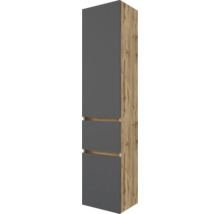 Hochschrank mit grauen Fronten und Korpus in Holzoptik für das Badezimmer.