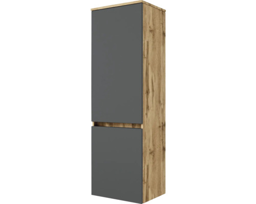 Badezimmer-Hochschrank mit zwei grauen Türen und Korpus in Eiche-Optik.