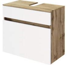 Waschbeckenunterschrank mit Korpus in Eichen-Optik und weißen Fronten. Inklusive Siphonausschnitt und grifflosem Design.