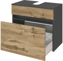 Waschbeckenunterschrank mit einer Schublade, Korpus in Anthrazit und Front in Eichenoptik, Siphonausschnitt.