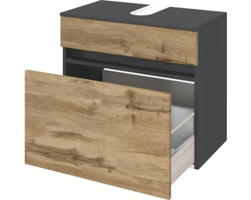 Waschbeckenunterschrank mit einer Schublade, Korpus in Anthrazit und Front in Eichenoptik, Siphonausschnitt.
