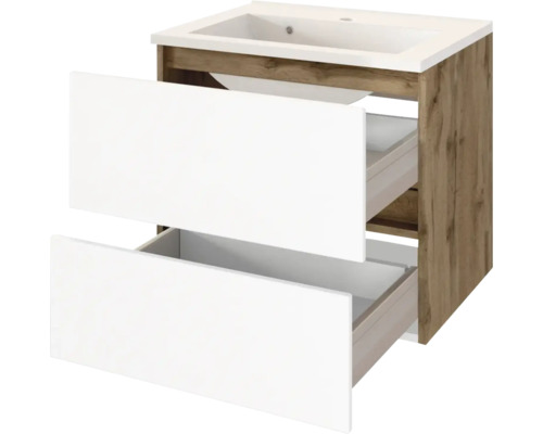 Waschtischunterschrank inklusive Waschbecken mit zwei geöffneten weißen Schubladen und einem Korpus in Holzoptik.