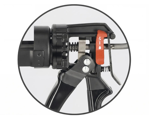 Vue détaillée d'un pistolet à cartouche avec fonction anti-goutte réglable.