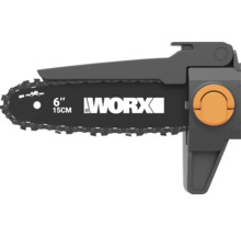 Guide-chaîne Worx 15 centimètres pour tronçonneuse avec chaîne et carter de protection.