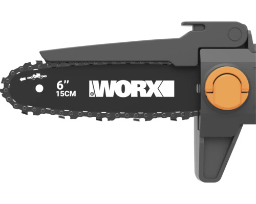 Guide-chaîne Worx 15 centimètres pour tronçonneuse avec chaîne et carter de protection.