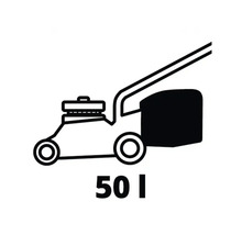 Symbole tondeuse à gazon avec volume du bac de ramassage de 50 litres