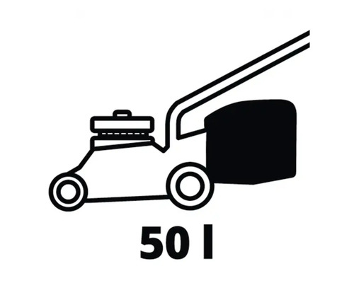 Symbole tondeuse à gazon avec volume du bac de ramassage de 50 litres