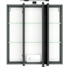 Armoire de toilette pour salle de bains avec éclairage, trois portes ouvertes, étagères en verre et prise électrique interne.