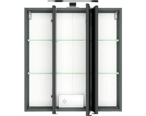 Armoire de toilette pour salle de bains avec éclairage, trois portes ouvertes, étagères en verre et prise électrique interne.