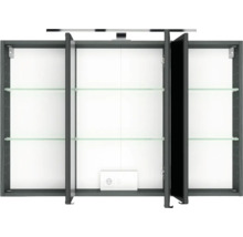 Armoire de toilette à trois portes avec tablettes en verre, éclairage et prise intégrée, vue intérieure.