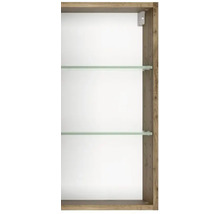 Innenansicht eines Holzschranks mit zwei Glaseinlegeböden und sichtbarer Wandbefestigung.
