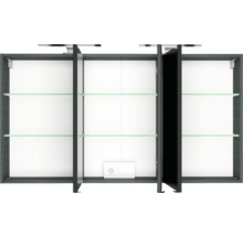 Armoire de toilette à trois portes ouverte en anthracite avec étagères en verre, prise de courant intégrée et éclairage.