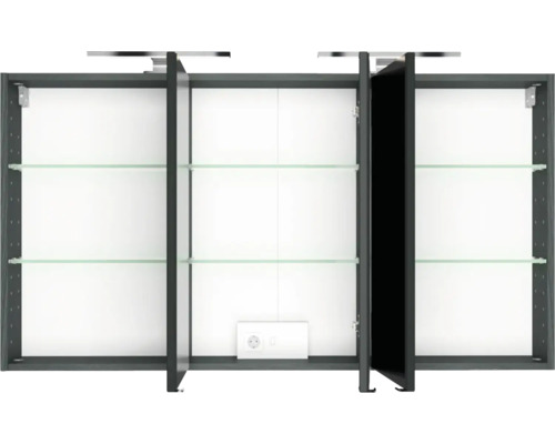 Armoire de toilette à trois portes ouverte en anthracite avec étagères en verre, prise de courant intégrée et éclairage.