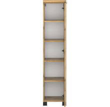Armoire haute de salle de bain aspect chêne avec cinq compartiments et pieds noirs.