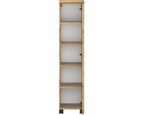 Armoire haute de salle de bain aspect chêne avec cinq compartiments et pieds noirs.