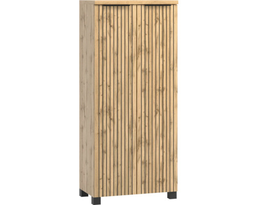Zweitüriger Mehrzweckschrank in Eichenoptik mit schwarzem Lamellen-Design und schwarzen Griffen.