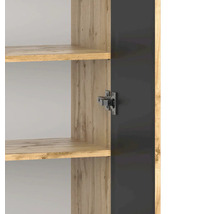 Detailansicht des Schrankinneren mit Einlegeböden in Holzoptik und einem Metallscharnier an der dunklen Tür.