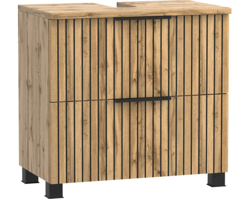 Waschtischunterschrank in Holzoptik mit Lamellenfront, zwei Schubladen mit schwarzen Griffen, schwarzen Standfüßen und Siphonausschnitt.