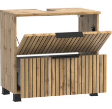 Waschbeckenunterschrank in Eiche-Optik mit Lamellen-Front, schwarzen Griffen und Füßen.