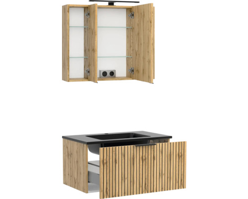 Badezimmermöbel-Set an Eichenoptik mat dräidiregem Spigelschaf, Glasleeëfbiedem an engem Wäschdëschënnerschaf mat donkelem Waschbecken.