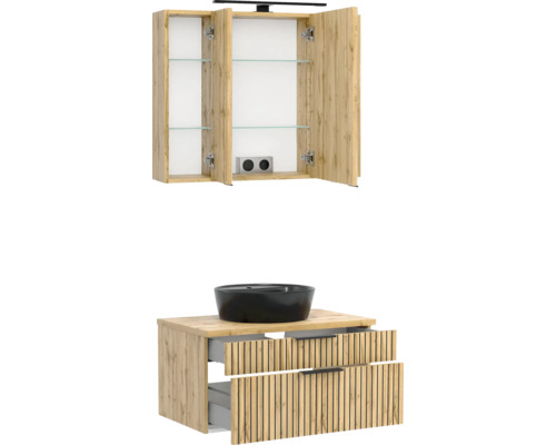 Badmöbel-Set aus Spiegelschrank mit Beleuchtung und Waschbeckenunterschrank in Eiche-Optik mit schwarzem Aufsatzwaschbecken.