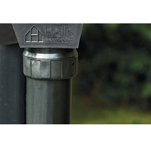 Logo Halls Greenhouses sur un poteau de serre