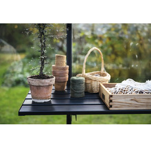 Nature morte de jardin avec plante en pot, pots de jardin, panier, fil et caisse en bois sur une table