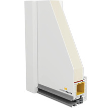 Querschnitt eines Kunststofffensters mit Josef Meeth Logo