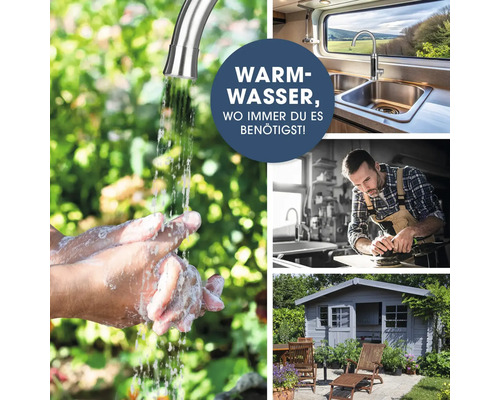 Kollage, die die Verwendung von Warmwasser in verschiedenen Situationen zeigt: Händewaschen im Freien, Spüle im Wohnmobil, Handwerker bei der Arbeit und Gartenlaube