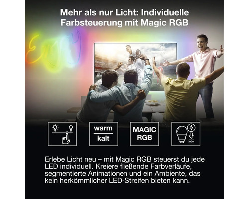 Scène de salon avec téléviseur et éclairage LED Magic RGB, personnes regardant le football, effets lumineux, symboles de gradation et température.