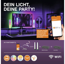 Infographie pour l'éclairage intelligent avec barres LED, HDMI Sync Box, Control Box et application. Fonctions : gradation, couleurs, WiFi.