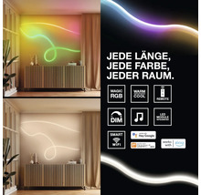 Bande lumineuse LED flexible sur un mur au-dessus d'un buffet en bois, intensité réglable, avec commande via application et fonctions maison connectée.