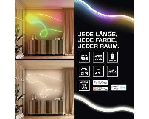 Bande lumineuse LED flexible sur un mur au-dessus d'un buffet en bois, intensité réglable, avec commande via application et fonctions maison connectée.