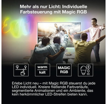 Scène de salon avec téléviseur et éclairage LED Magic RGB, personnes regardant le football, effets lumineux, symboles de gradation et température.