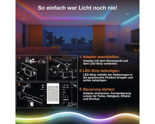 Exemple d utilisation et notice de montage pour un kit de rubans LED avec télécommande dans un salon moderne.