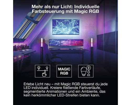 Espace de jeu avec bureau, écrans et éclairage LED Magic RGB. Symboles pour variateur, technologie Magic RGB et efficacité énergétique.