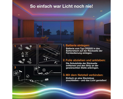 Infographie pour l'installation d'un ruban LED en trois étapes : insérer la pile, retirer le film adhésif et fixer, brancher l'alimentation.