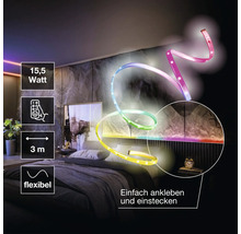 Ruban LED flexible dans une chambre, 15,5 Watt, 3 mètres de long, avec télécommande, facile à coller et à brancher.