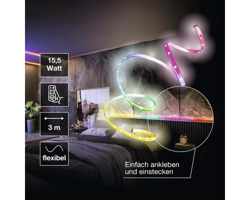 Ruban LED flexible dans une chambre, 15,5 Watt, 3 mètres de long, avec télécommande, facile à coller et à brancher.