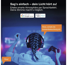 Personne avec casque et manette contrôlant l'éclairage intelligent par commande vocale. Logo Google Home et Logo Alexa sont visibles.