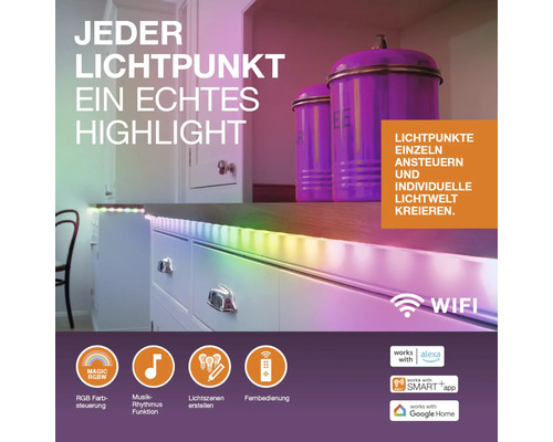 Ruban LED RGBW intelligent pour cuisine avec contrôle individuel, rythme musical et WiFi pour Alexa, Google Home et application Smart Plus.