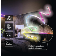 Ruban LED flexible de 5 mètres, 24 Watt, avec télécommande pour un éclairage d'ambiance dans la chambre derrière la tête de lit.