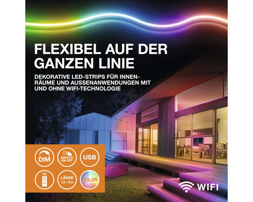 Rubans LED flexibles décoratifs pour intérieur et extérieur avec Wifi, dimmable, USB, télécommande, lumière colorée et longueur de 1,5 à 5 mètres.