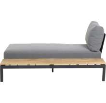 Gaarde-Lounge-Sofa mat Holzënnergestell, Metallrahmen a groe Polsteren.